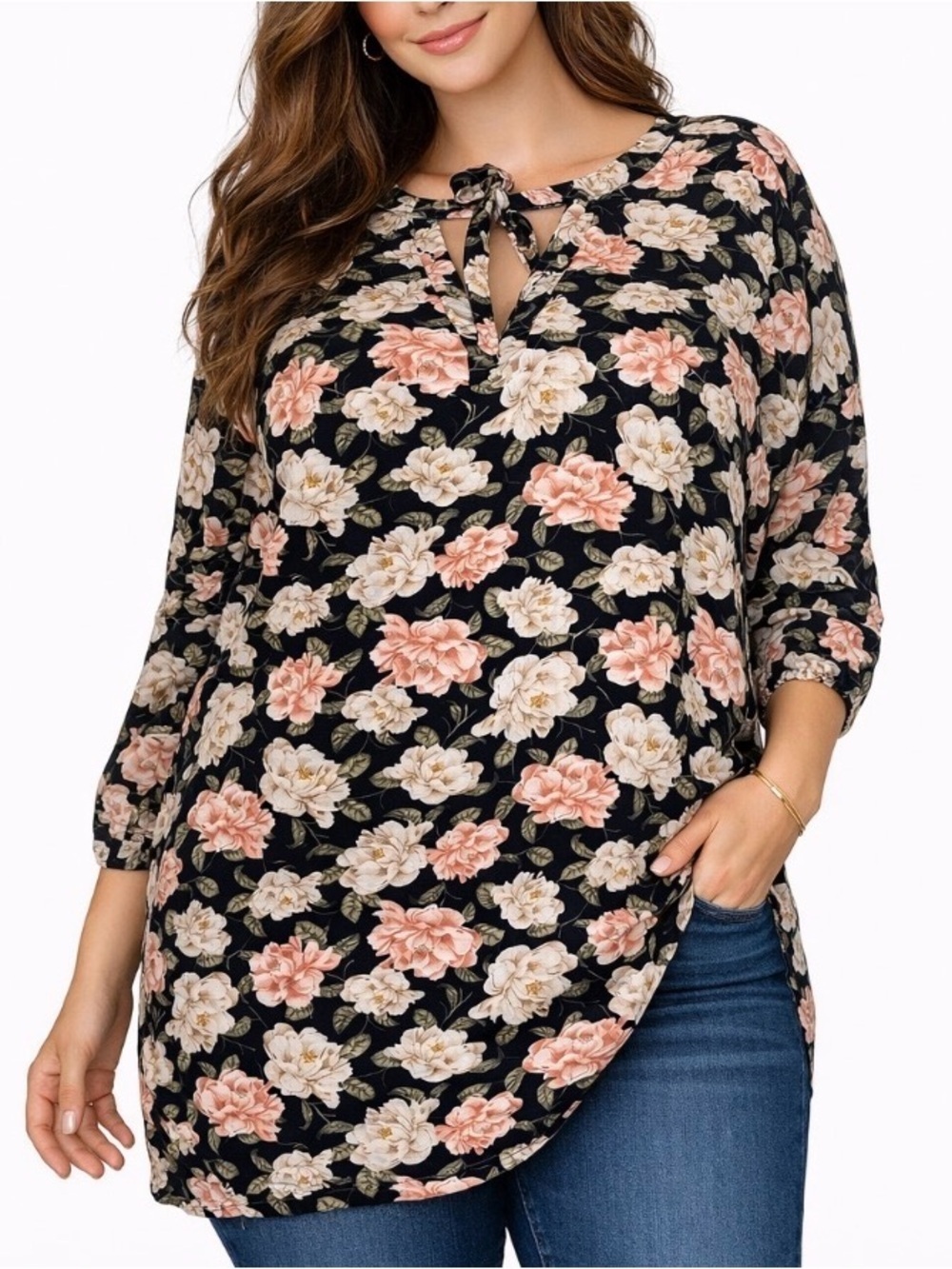 Torrid blouse Top black floral print V-neck tie SZ 3XL plus 3/4 sleeve career